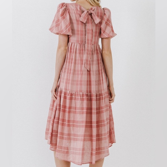 English Factory Puff Sleeve Plaid Midi Dress Pink - Picture 5 of 8